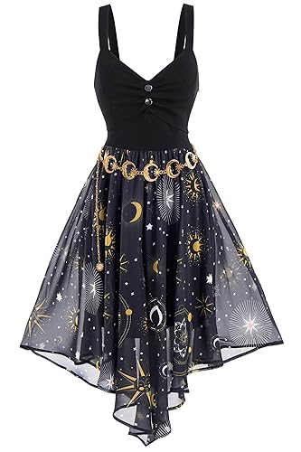 FEAPHY Women's Vintage Chiffon Sun Moon Star Sleeveless A-Line High Low Dress - X-Large - Galaxy-black & Waist Chain