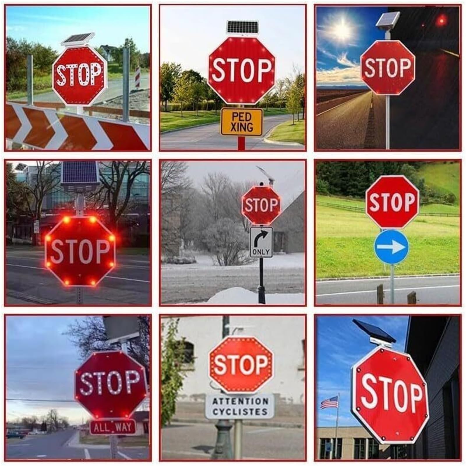 Señal de stop con LED intermitente y energía solar Película reflectante de grado industrial Señal reflectante de advertencia de tráfico vial