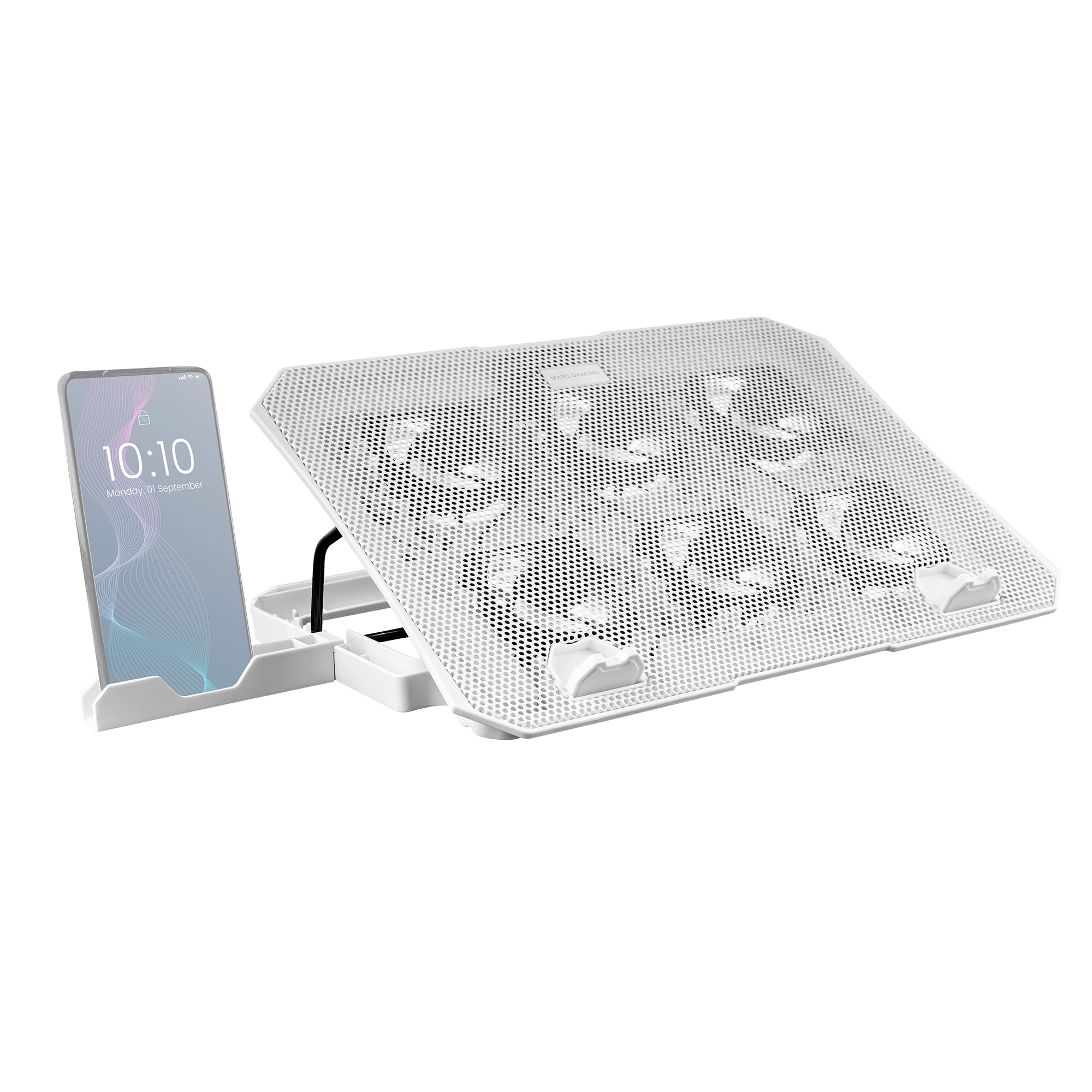 Mars Gaming MNBC23, Base Cooler and Stand 16", 6 x Controllable Fans with Blue LED, Stand 6 Positions, Smartphone Holder, 2 USB 2.0, White