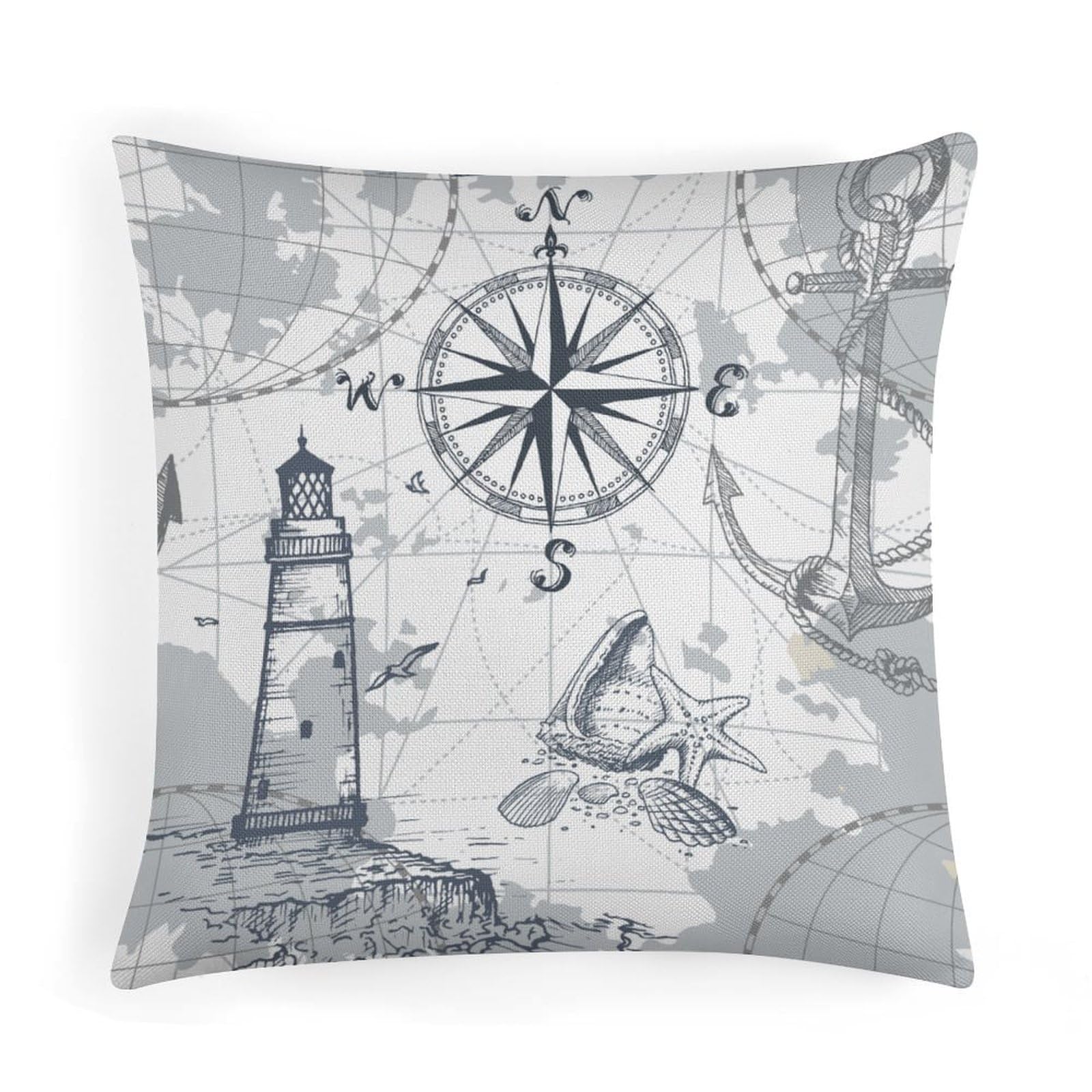 BenYaSong Nautical Lighthouse Throw Pillow Covers Sailboat Coastal Compass Anchor for Couch Sofa Bedroom Living Room Farmhouse Home Decor 18"x18"