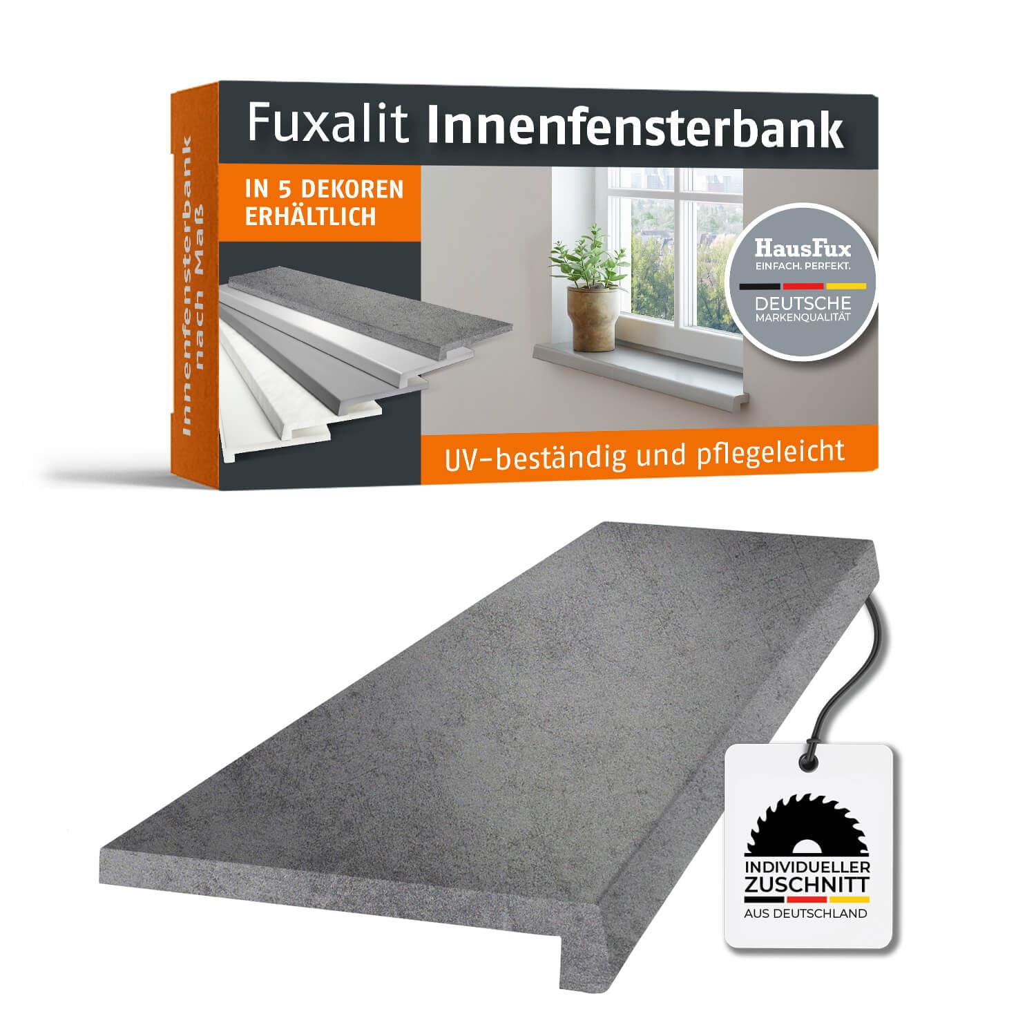 Fuxalit Innenfensterbank Beton – Zuschnitt auf Maß – MDF Fensterbank mit CPL-Beschichtung – modern, UV-beständig, pflegeleicht (Beton, T x L | 15 x 250 cm)