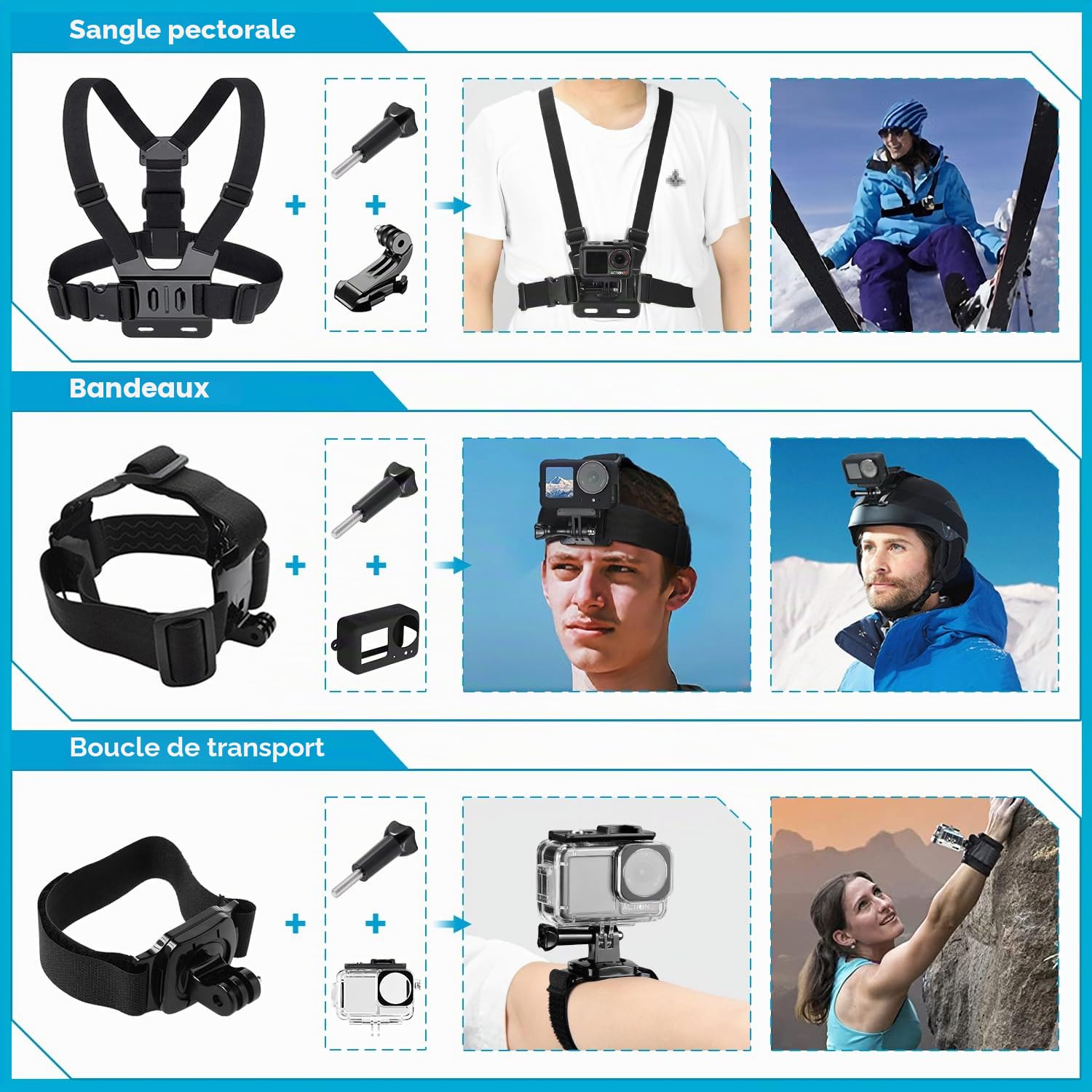 oGoDeal Kit d'accessoires pour DJI Osmo Action 5 Pro/4/3, étui de Protection étanche avec Tuba Accessoires de vélo Barre à Selfie Sangle de tête pour DJI Osmo