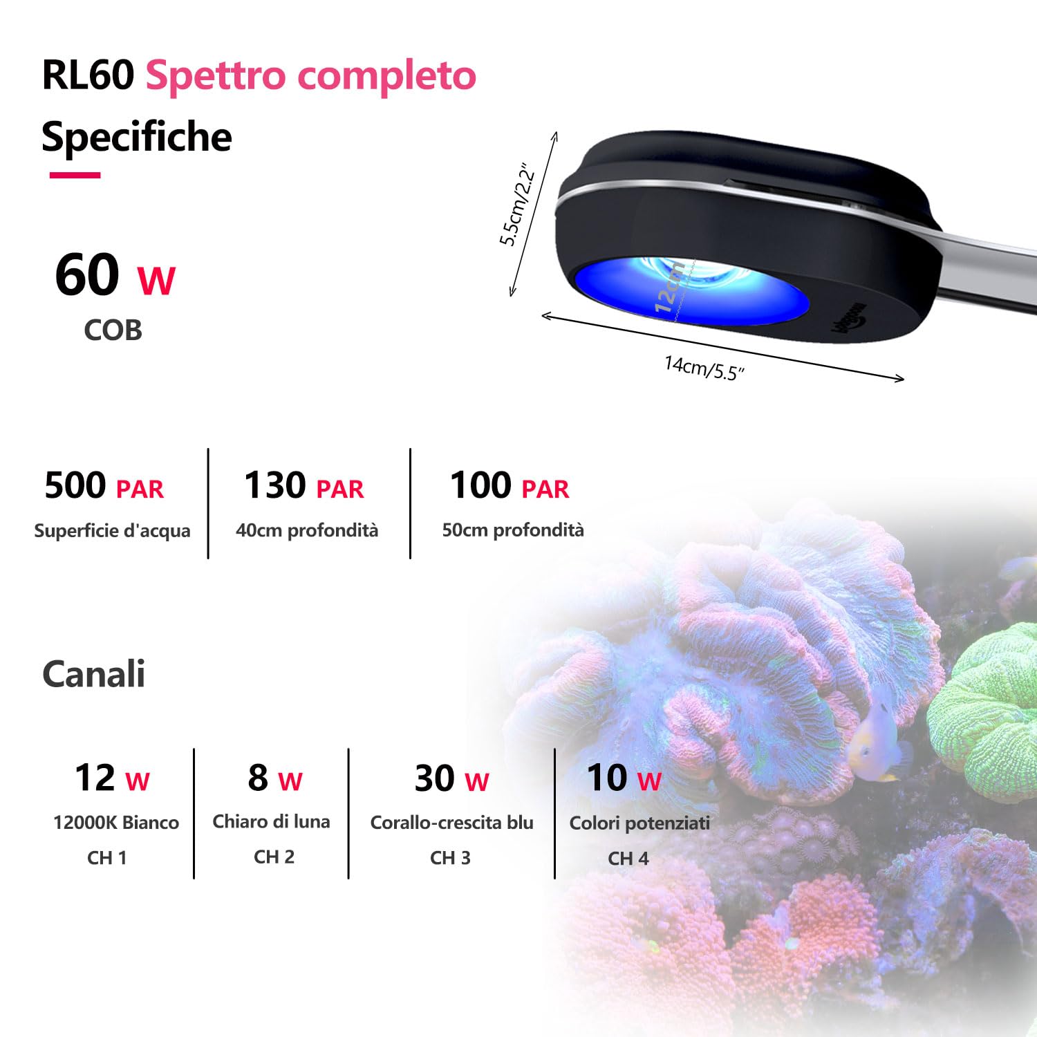 PopBloom RL60 WiFi LED Lampada Acquario Marino 60W Spettro Completo per Corallo