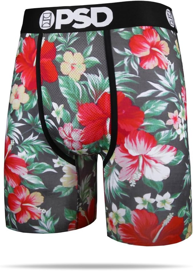 PSD Men's Hawaiian Flowers Print Athletic Boxer Briefs, Black, Large