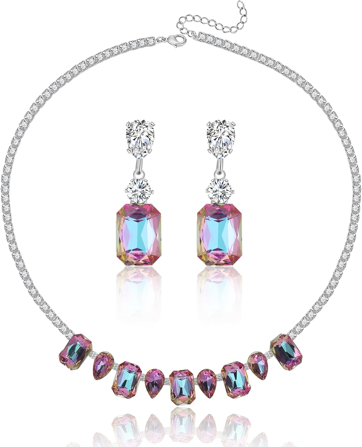 AMYJANE Wedding Jewelry Set for Women Crystal CZ Square Necklace Matching Dangle Earrings Chain Set Mother's Day Anniversary Engagement Jewelry Set for Bride Bridesmaids Wife