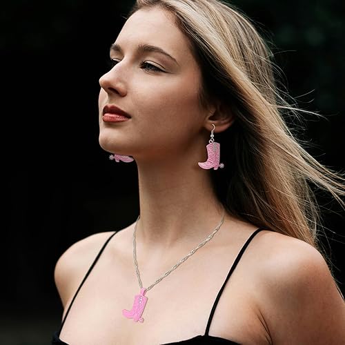 RechicGu Western West Cowgirl Cowboy Texas Boots Earrings Necklace Set, Spur Rodeo Drop Dangle Boots Earrings,Twist Link Chain Necklace with Boot Pendant,Jewelry Set(Boots Pink Set)