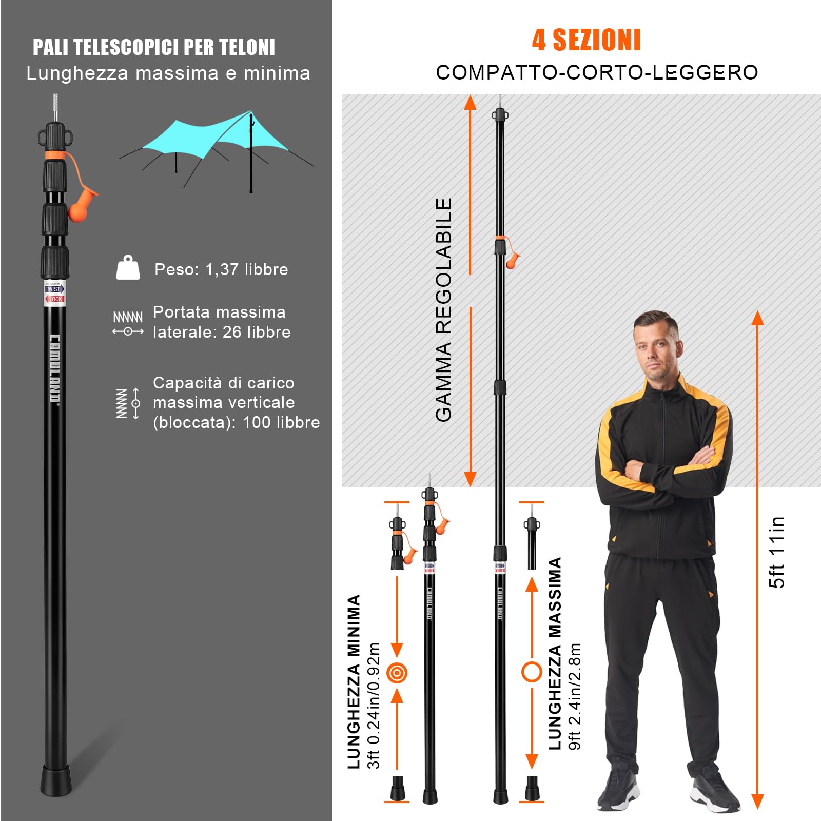 Pali per tenda, CAMULAND Set di 2 Pali per Tenda Heavy Duty, 34,5 "- 110,2" pali per tenda in alluminio per tenda regolabili (nero)