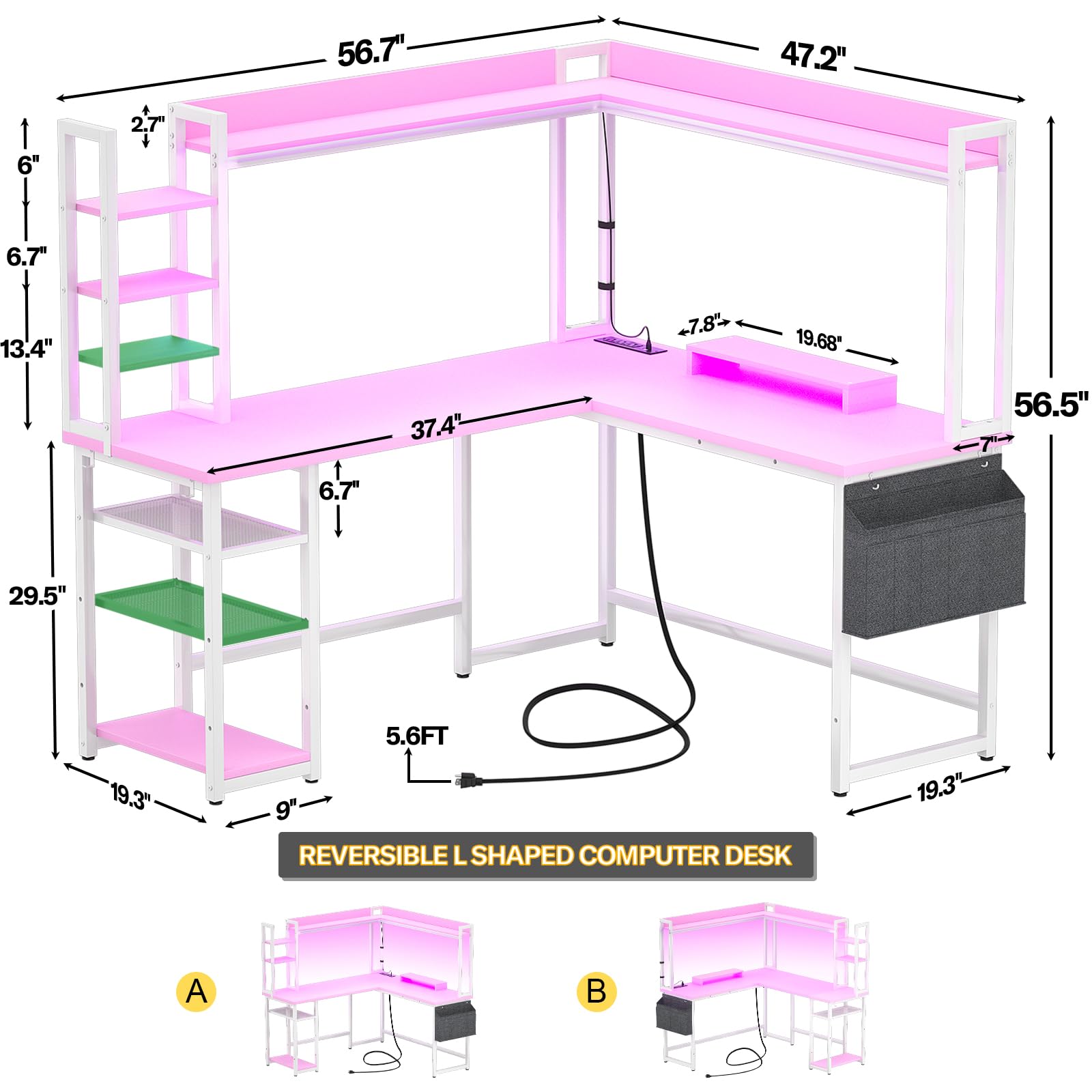Aheaplus L Shaped Desk with Power Outlet, L Shaped Gaming Desk with Led Light & Hutch, Reversible Home Office Desk, Corner Computer Desk Writing Desk with Monitor Stand & Storage Shelves,: Pink