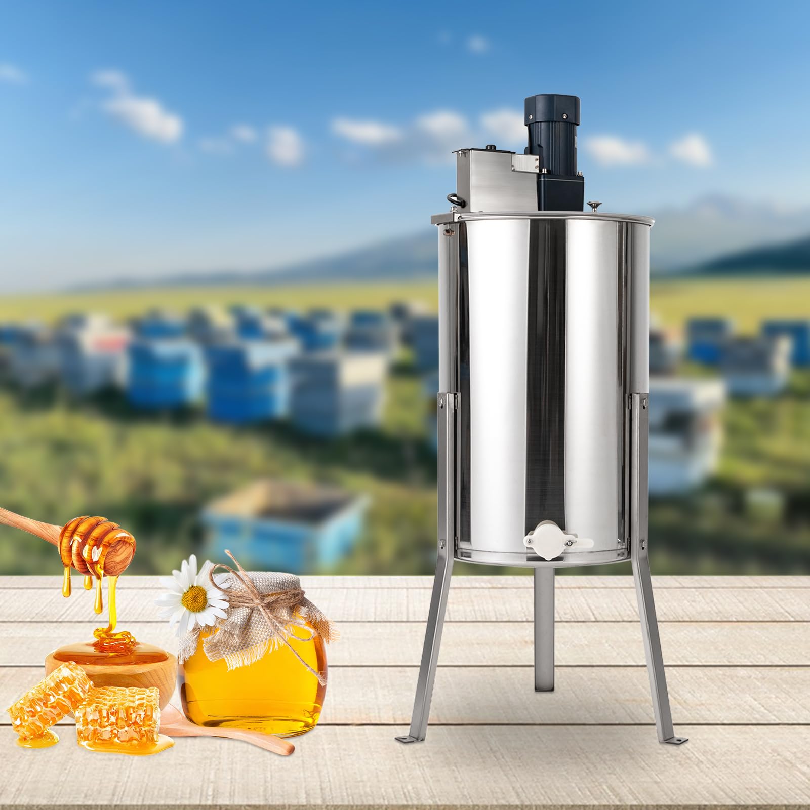 Elektrische Honigschleuder 140W, 3-Rahmen Honig-Extraktor mit transparentem Deckel, Tangential Honigextraktor aus Edelstahl, Geschwindigkeit einstellbar, Wabenextraktionsgerät(370rpm)