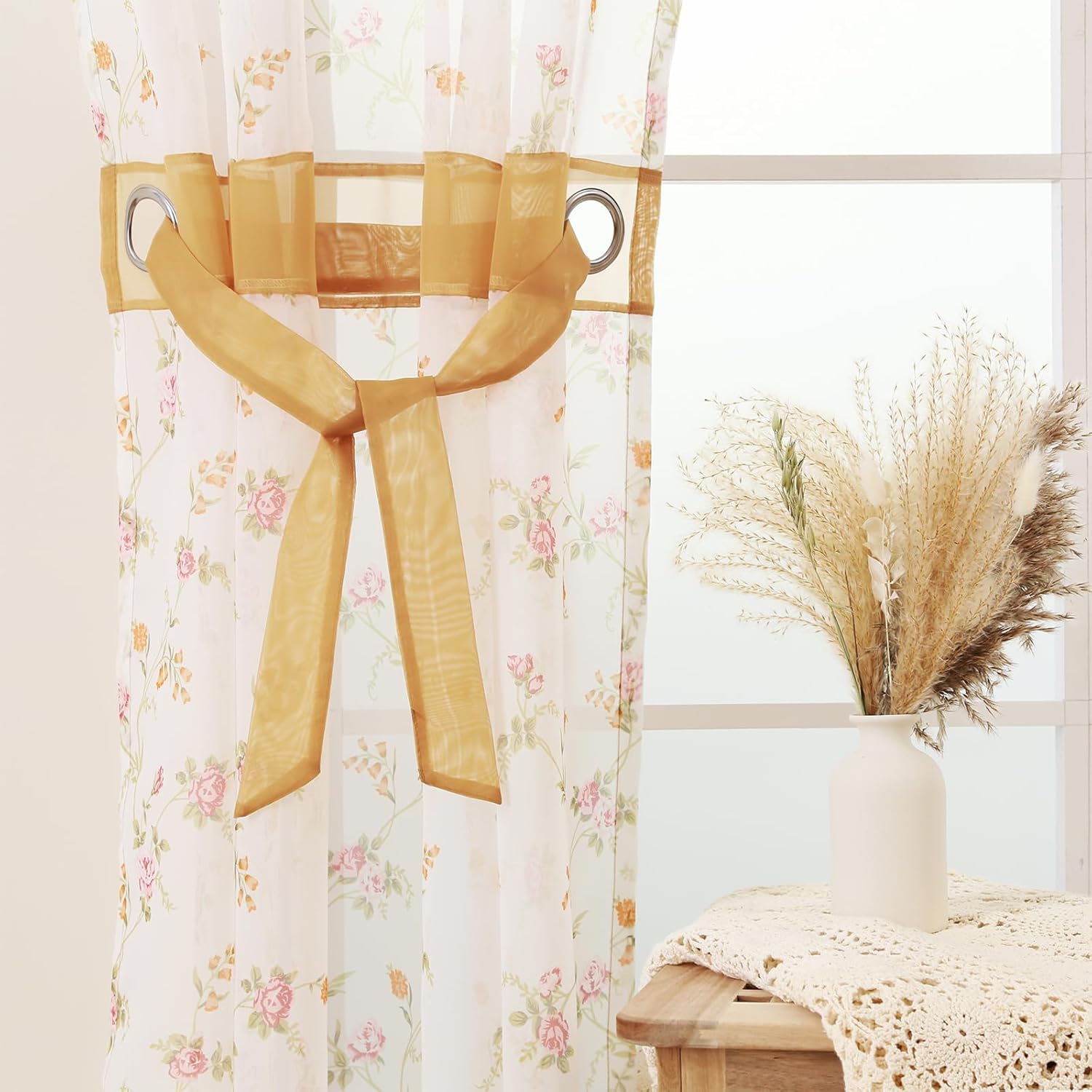 L.Z.E Floral Sheer Curtains for Living Room 63 Inch Length 2 Panels Set, Spring Sheer Curtains & Drapes for Bedroom Girls Room Nursery Grommet Top with Tiebacks Short Voile (56" W x 63" L)
