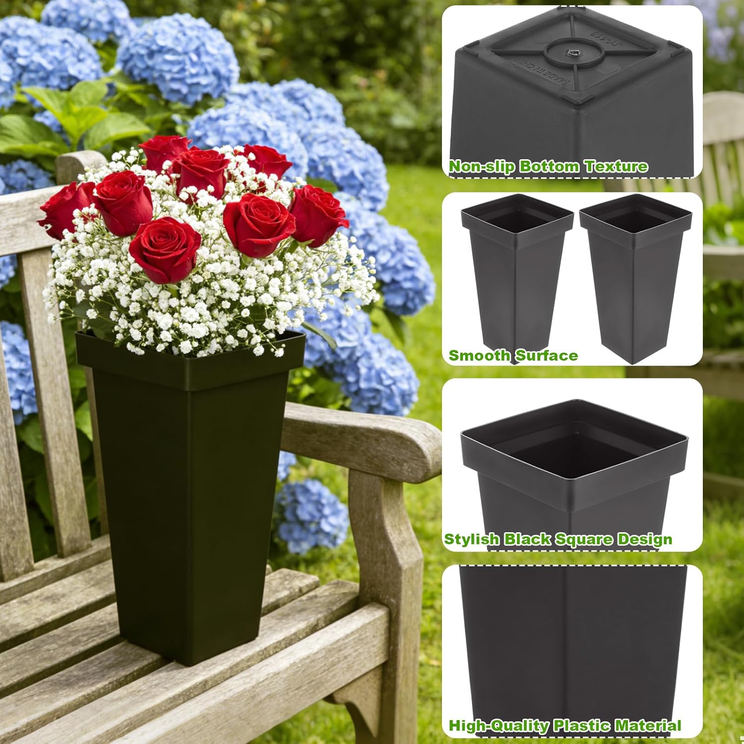MIVIDE 6 Pack Black Flower Buckets for Cut Flowers, 13.3 inch Plastic Floral Buckets Flower Vases Modern Square Vase for Centerpieces, Home, Office, Wedding Decorations Display