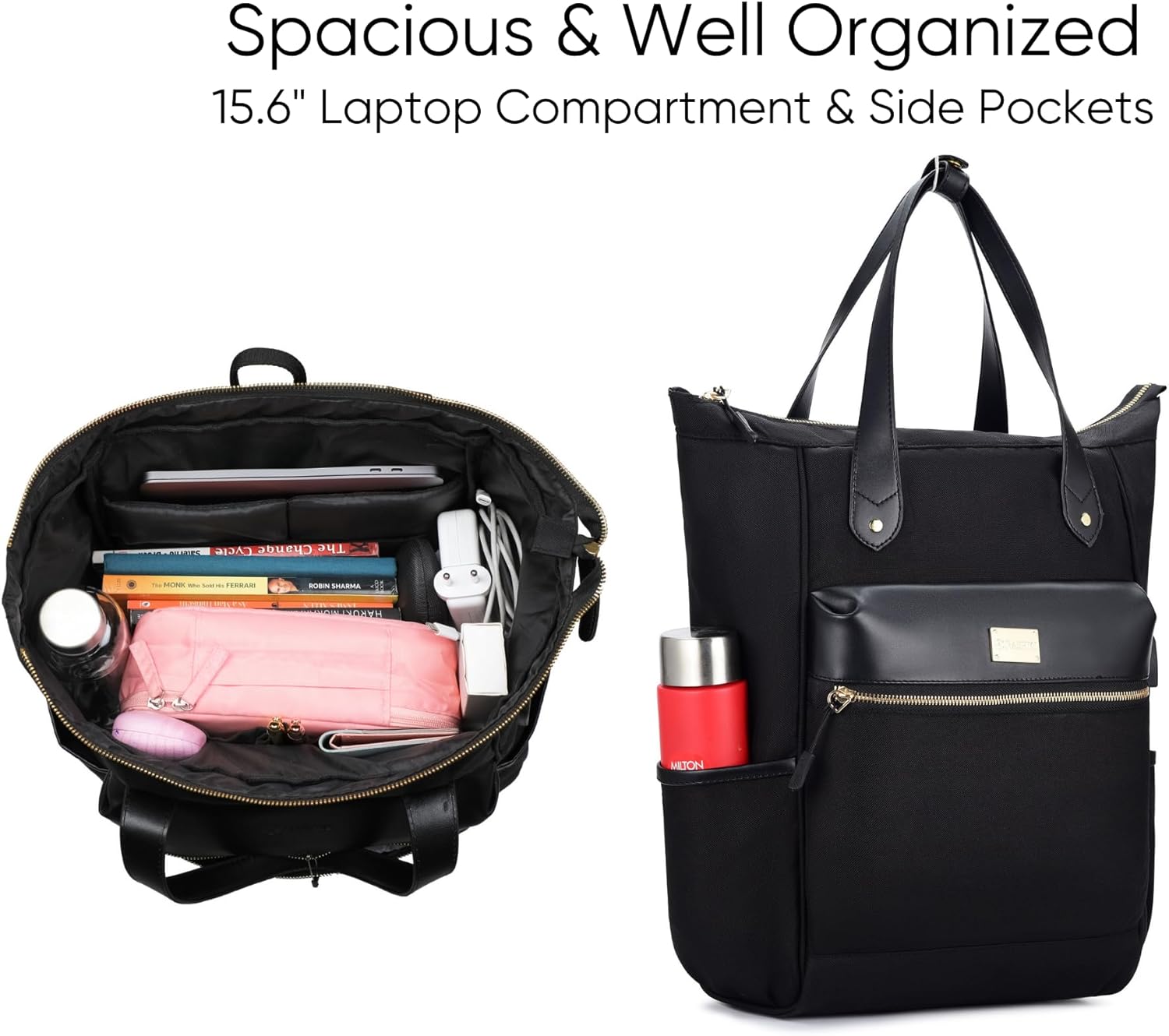 RASHKI BRIA - Women’s Tote & Convertible Backpack | 15.6" Laptop Bag | Stylish Work, Office & Travel Bag | Vegan Leather (Black)