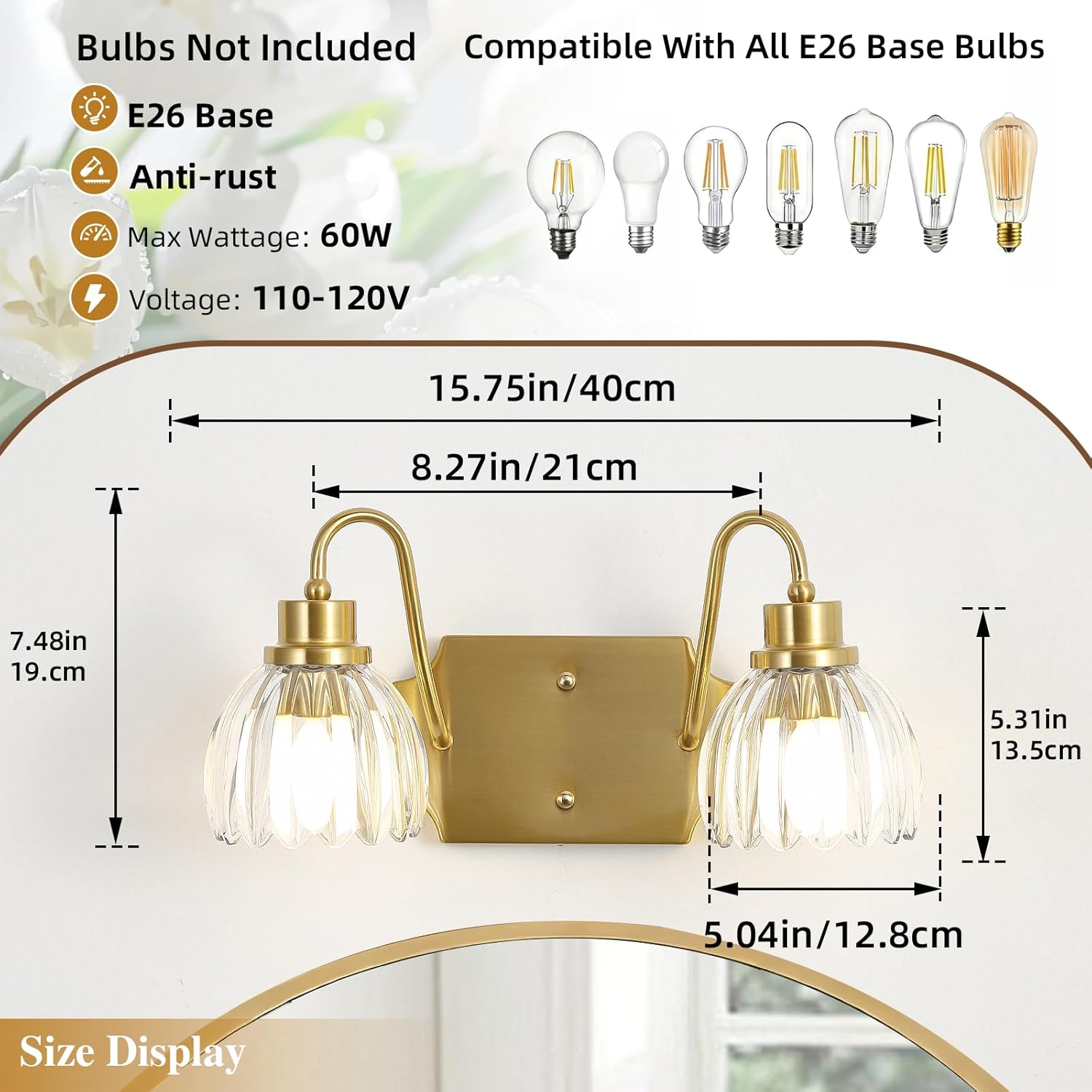 2-Light Bathroom Vanity Light, Gold Vanity Light, Antique Brass Sconces with Tulip Glass Shade, Mid Century Hardwired Wall Sconces for Bedroom, Living Room, Hallway