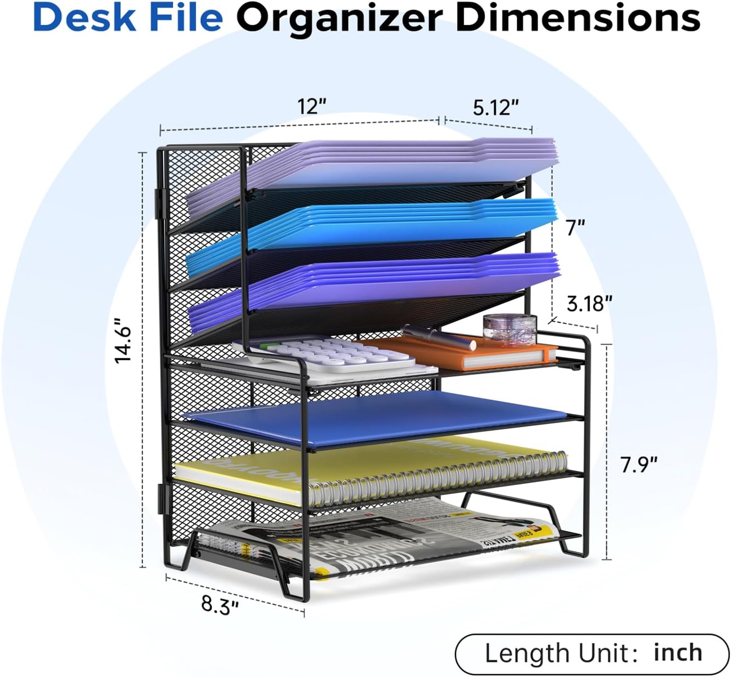 7 Tier Desk File Organizer Metal Mesh Paper Sorter Letter Tray Desktop Organizer for Home Study Office and Workspace, Black