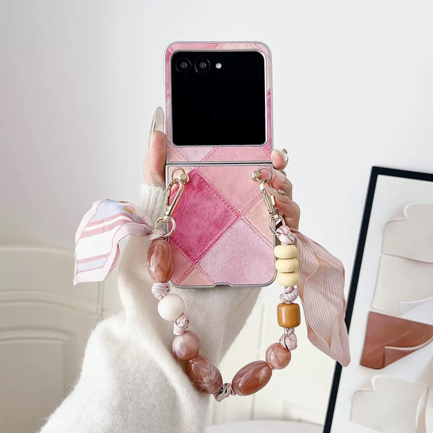 for Motorola Razr Plus 2026/2025/2024 case with Hand Strap Chain,PU Leather Shock Absorbing, Fashion Portable Non-Slip Phone Cover for Women (Pink)