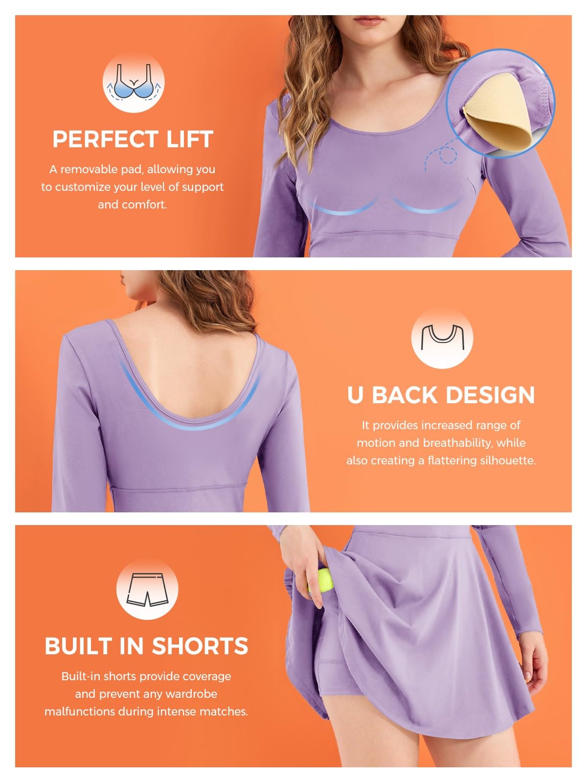 Fisoew Vestido deportivo 2 en 1 para mujer, de manga larga, para entrenamiento, con pantalones cortos integrados