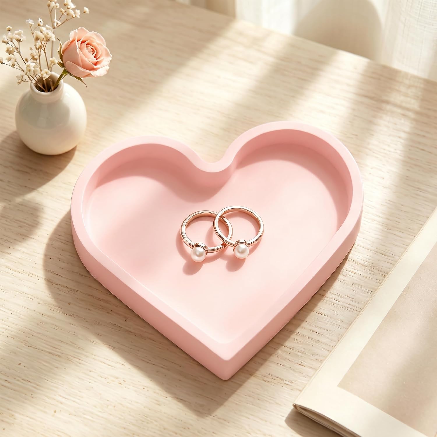 BLESWIN Heart Shape Silicone Jewelry Tray, Ring Dish, Small Key Bowl, Cute Trinket Tray for Necklace Earrings Bracelet Watch, Home Decor Gift for Mom Sister Daughter Friend Girlfriend, Pink