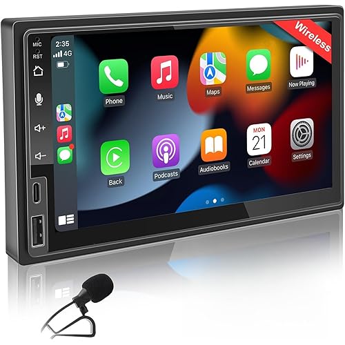 7 Inch Double Din Car Stereo with Wireless CarPlay & Wireless Android Auto, Touchscreen Car Radio with Bluetooth, USB/SWC/AUX/FM
