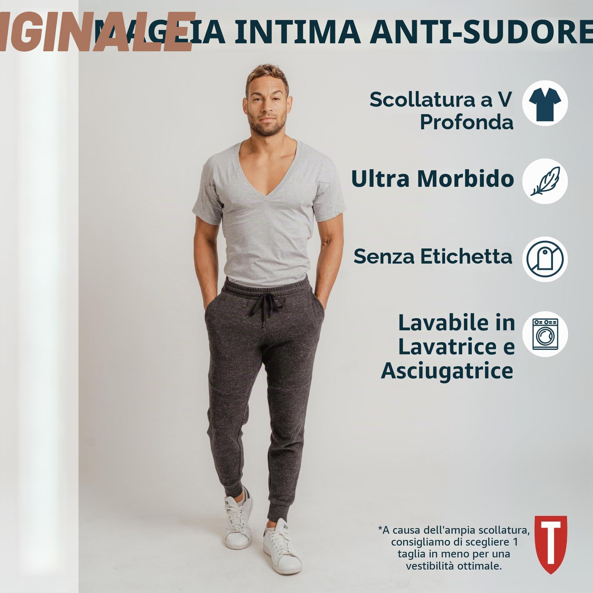 Thompson Tee - Maglia Intima blocca-Sudore - con Pad sotto-Manica Anti-microbico - Modello Originale - Scollo a V Profondo