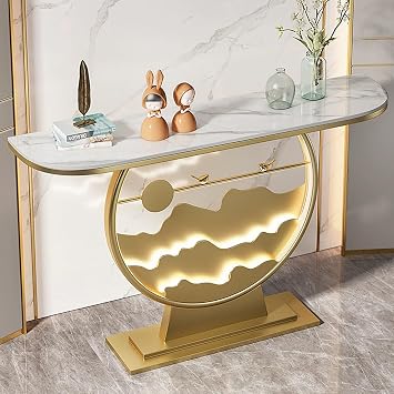 LED Console Table, Slate Entryway Table, Modern Hallway Tables, Sofa Tables with Metal Base, Contemporary Accent Foyer Desk, for Living Room, Entrance, BedroomGold C,80cm/31.5in