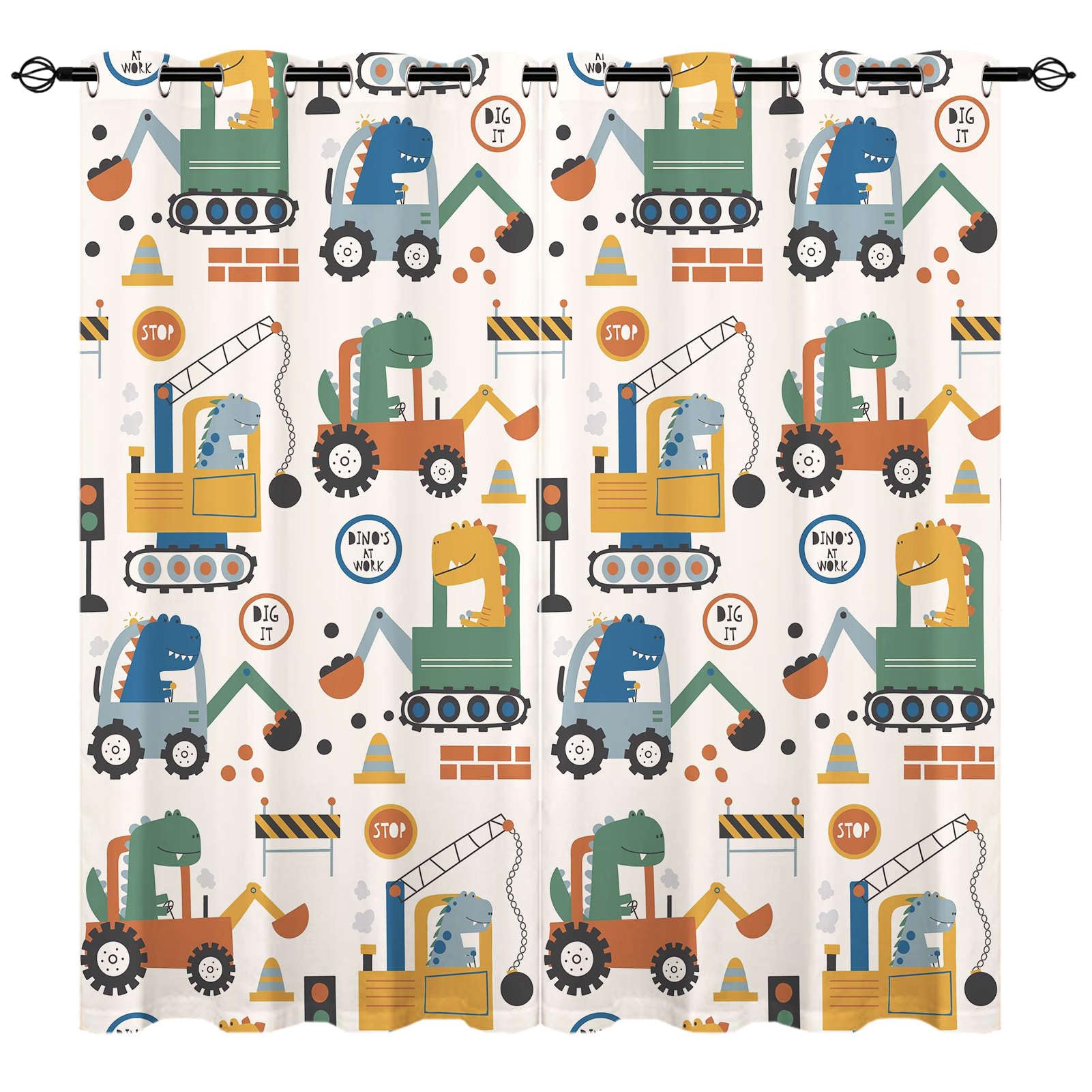 Truck Vorhänge Kinder Dinosaurier Gabelstapler Kran Ösen Gardinen mit Blickdichte Vorhang Kälteschutz Blackout Curtain Kinderzimmer Schlafzimmer Verdunkelung Fenster, 2 Stück, H 175 x B 140 cm