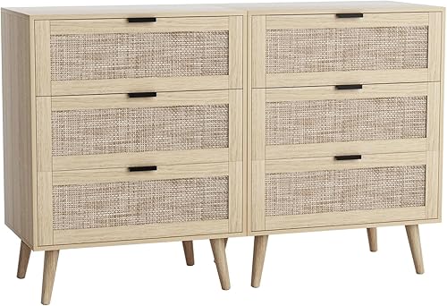 Miniatura 6 de Hayiodda Cómoda de ratán natural de 3 cajones, cómoda de 6 cajones, armario de almacenamiento pequeño bohemio con patas de madera maciza y asas de