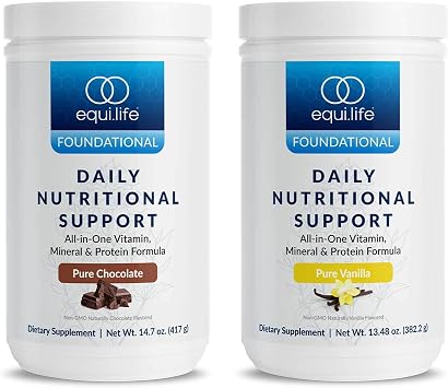 Equilife - Daily Nutritional Support Bundle All-in-One Vegan Protein Powder, Daily Multivitamin, Boost Energy & Mood, Gut-Cleansing Aid, Promotes Skin Health Chocolate and Vanilla 14 Servings Each