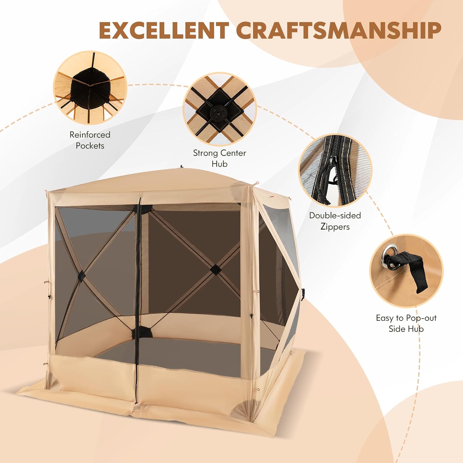KOTEK 4 Sided Pop Up Gazebo, Outdoor Canopy Shelter with Mesh Walls, Portable Carry Bag, 2 Wind Cloth, 4 Person Screen Tent for Camping Traveling Hiking Patios Lawn Backyard, 6.7x6.7 ft (Coffee)