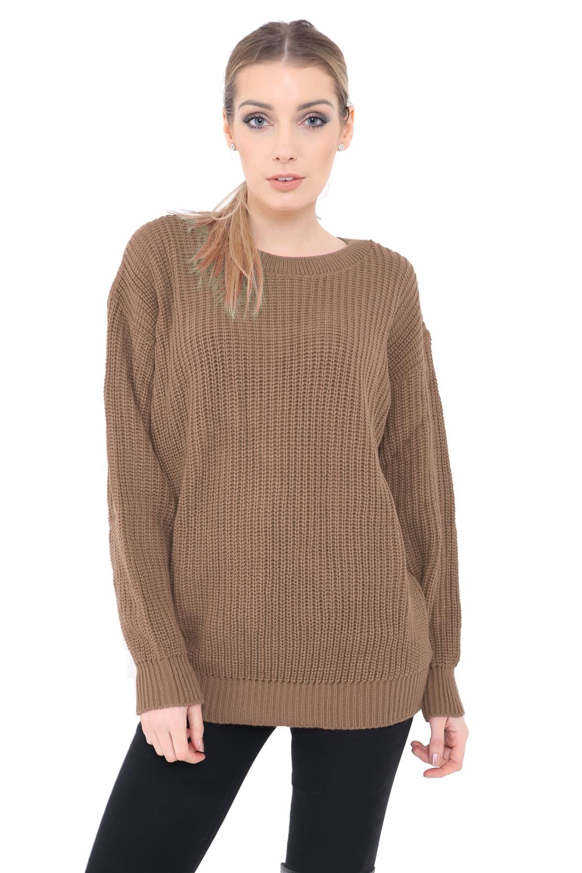 Generation Fashion New Ladies Women Oversized Long Sleeve Knitted Baggy Jumper Sweater Crew Neck Pullover Top[Mocha,SM]