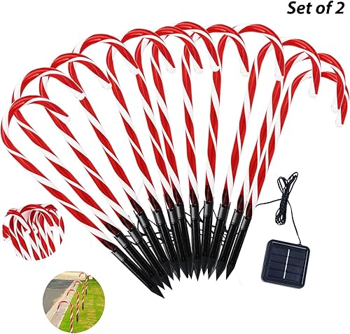 Miniatura 6 de Paquete de 24 luces solares mejoradas de bastón de caramelo de Navidad, decoraciones navideñas al aire libre para patio, impermeables, con 8 modos