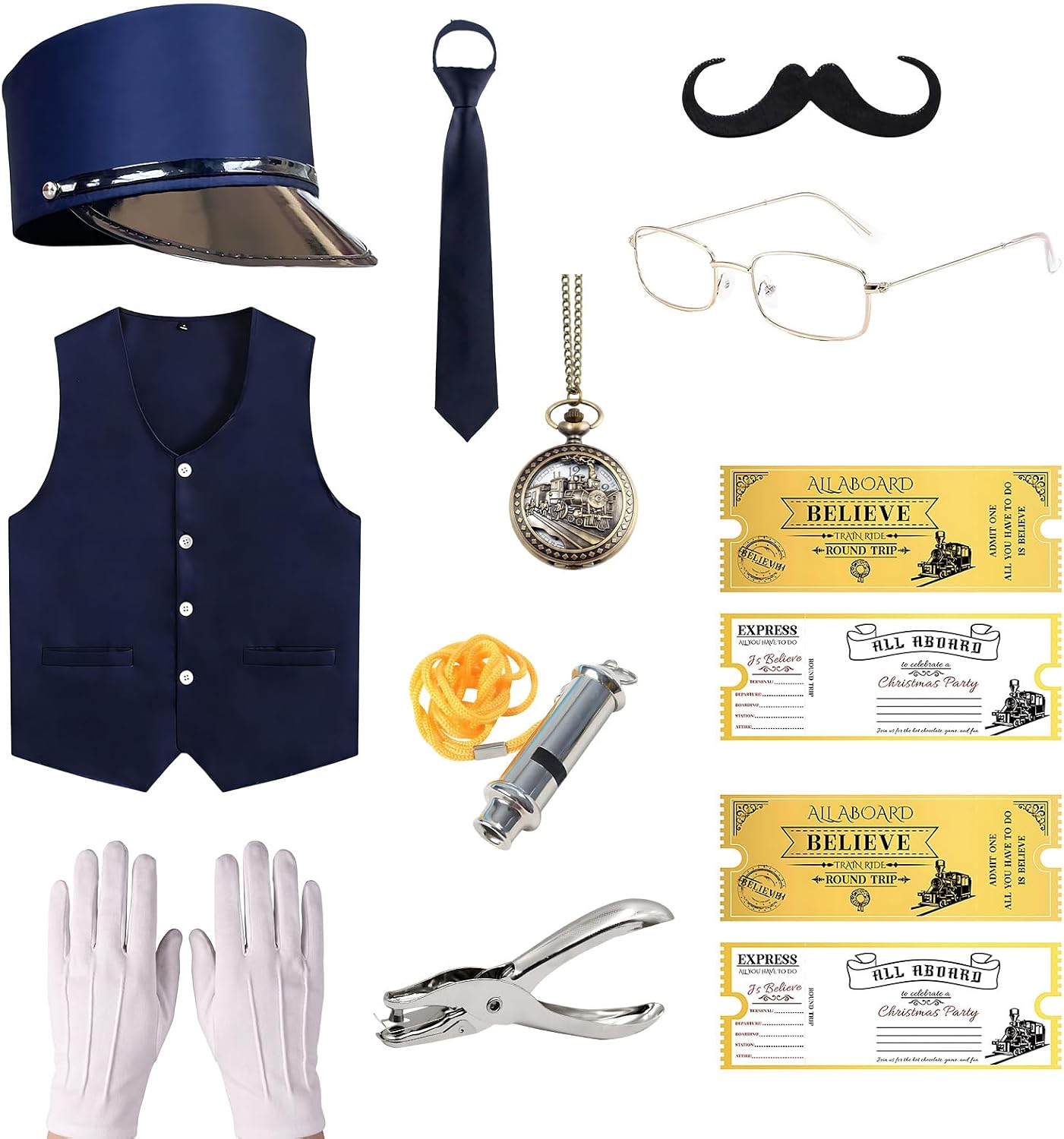 11 Pcs Train Conductor Costume Set for Adults, Conductor Hat Vest Tie Glasses Beard Pocket Watch Whistle Gloves Ticket Puncher with 2 Tickets, Christmas Holiday Party Dress Up Accessories Blue