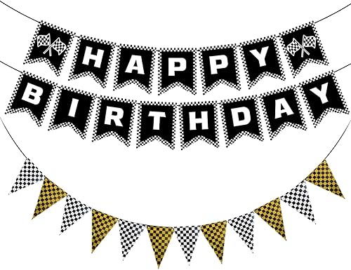 Miniatura 20 de MEETINGU Cartel de feliz cumpleaños de coche de carreras, decoración de fiesta de cumpleaños de auto de carreras, banderas a cuadros en blanco y