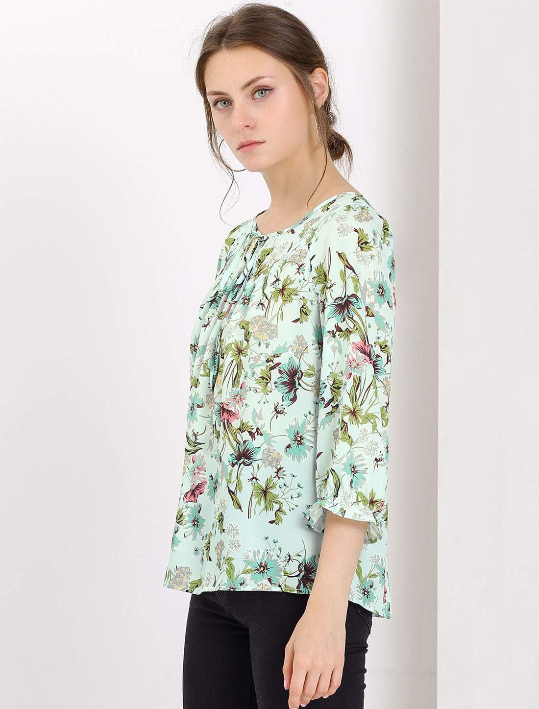 Allegra K Women's Bow Tops Vintage Tie Neck 3/4 Sleeve Floral Blouse - Image 3