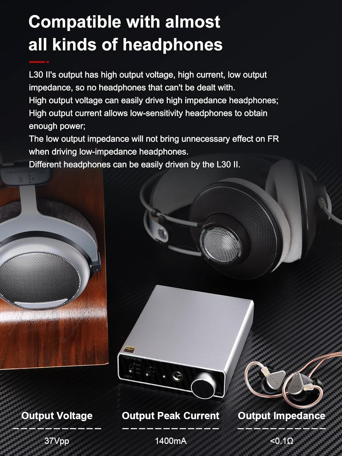 TOPPING L30 II NFCA Headphone Amplifier, 0.3uV Ultra-Low Noise, 144dB Dynamic Range, 0.00006% THD+N, Three Gain Settings, Compatible with High/Low Impedance Headphones (L30 II - Black)
