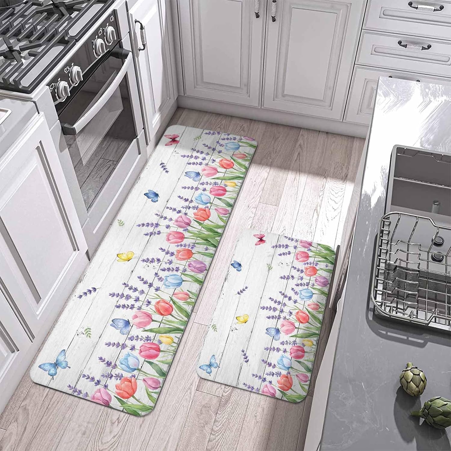 Summer Flower Kitchen Mat Set 2 Pieces Rustic Pink Tulips Floral Color Butterfly Wood Grain Non Slip Kitchen Rugs Washable Runner Rug Mats for Floor Sink Laundry Office 15.7" x 23.6"+15.7" x 47.2"