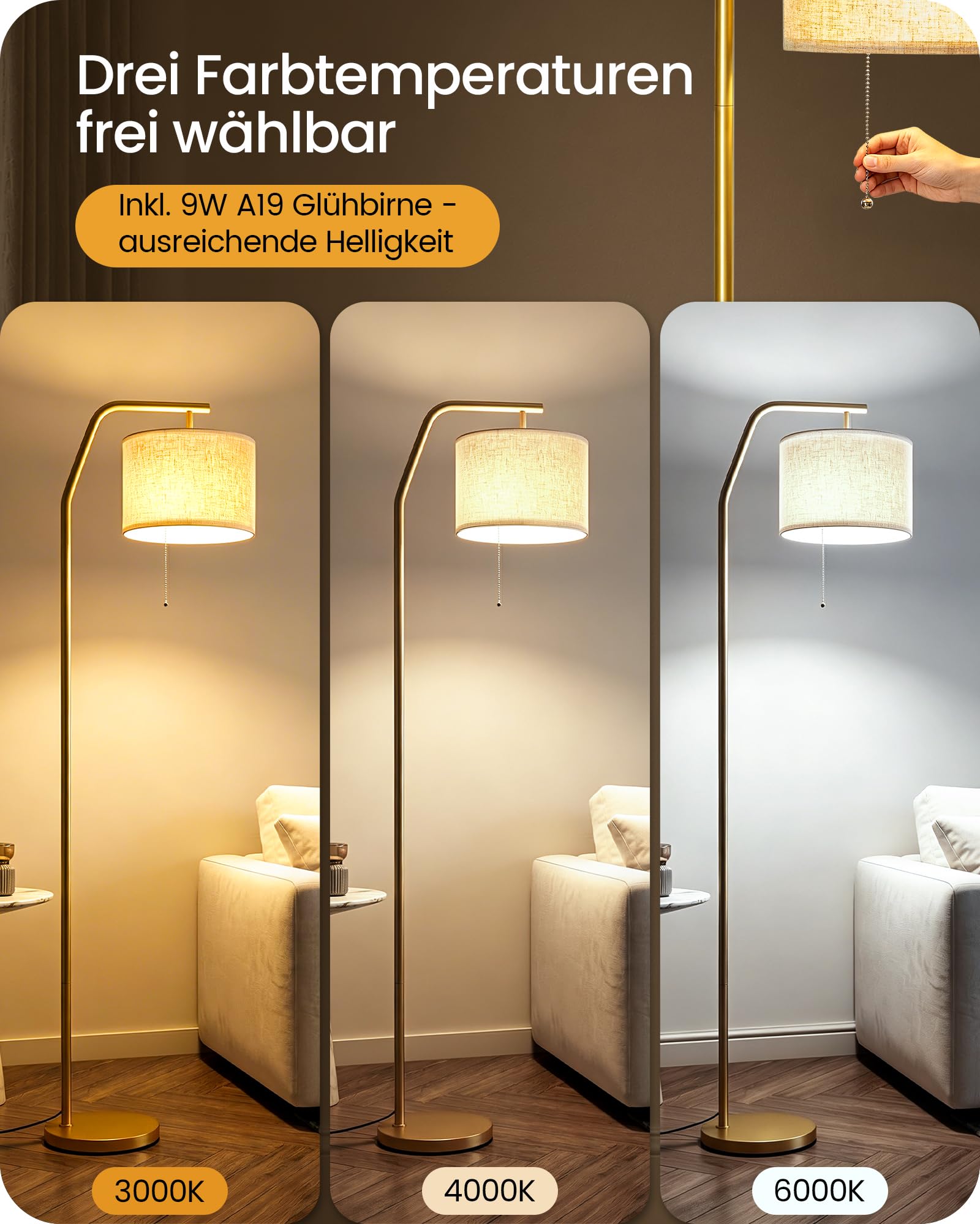 Stehlampe für Wohnzimmer, 3 Farbtemperaturen, Stehleuchte mit Zugschalter, 9W-LED-Leuchtmittel, Standleuchte, Wohnzimmerlampe, hohe Lampe für Schlafzimmer, Büro ZDE29LDD05
