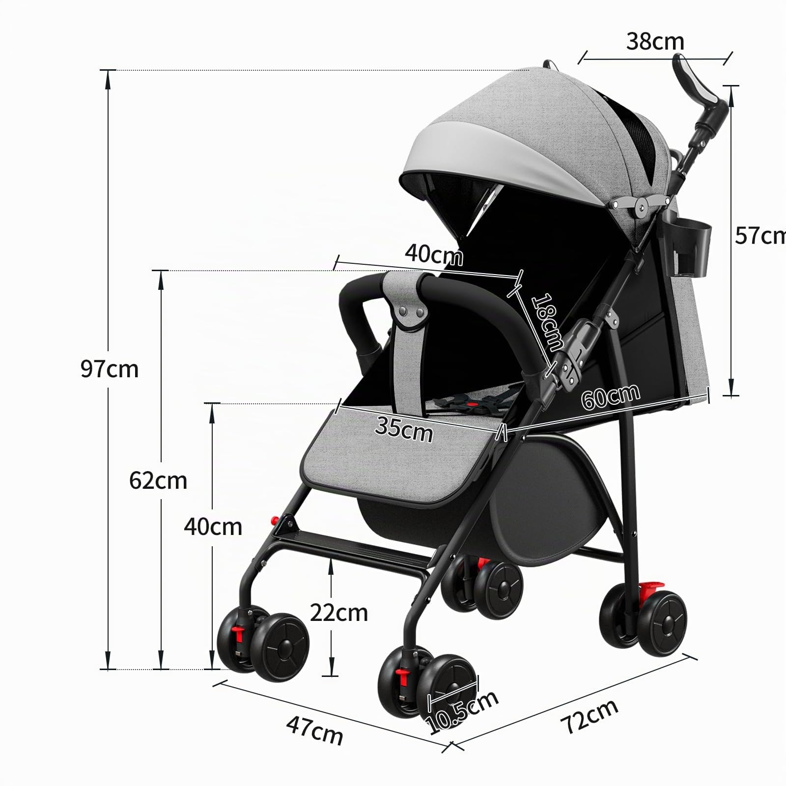 OHMG - Cochecito compacto de 0 a 4 años, ligero y manejable, plegable con una mano, respaldo reclinable, arnés de 5 puntos, cochecito ligero con toldo y mosquitero, carga 25 kg (A-Gris)