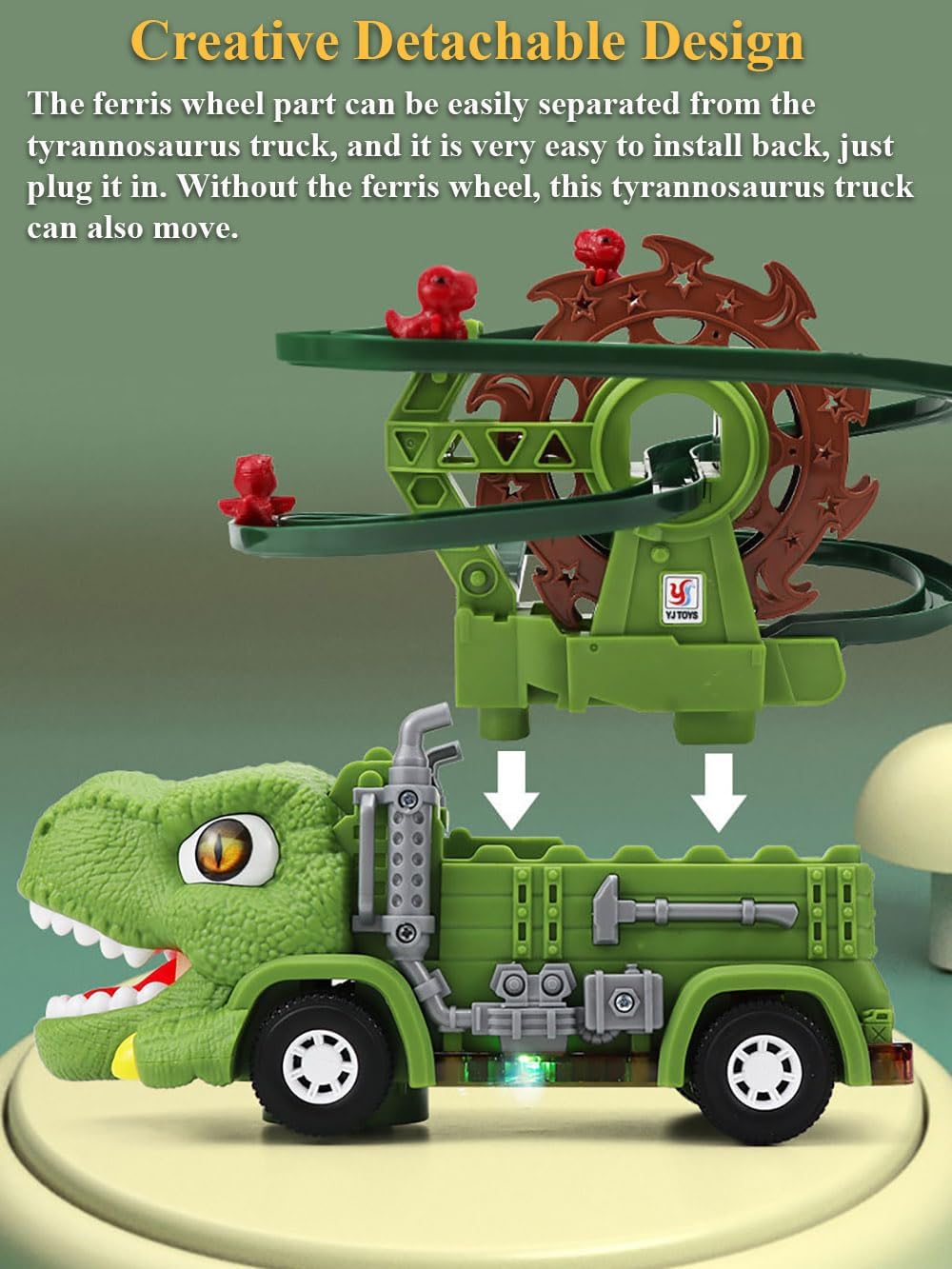 2-in-1 Light-Up Dino Truck Toy Set – Motorized Ferris-Wheel Ramp & Stunt Car, Music LED Effects, STEM Take-Apart Build Play, Dinosaur Gift for Toddlers Boys Girls Ages 3-8(Tyrannosaurus)