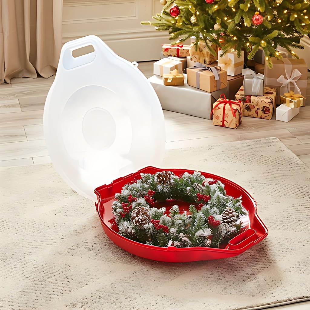 Kreher XL Weihnachtskranzbox Kranzbox Girlandenbox in Rot mit Transparenten Deckel. Ideal für Kränze mit bis zu einem Durchmesser von 55 cm! (2)