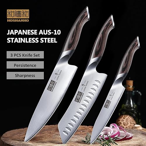Miniatura 4 de HOSHANHO Juego de cuchillos de cocina de 3 piezas, juego de cuchillos de chef japoneses profesionales de acero inoxidable, cuchillos ultra afilados