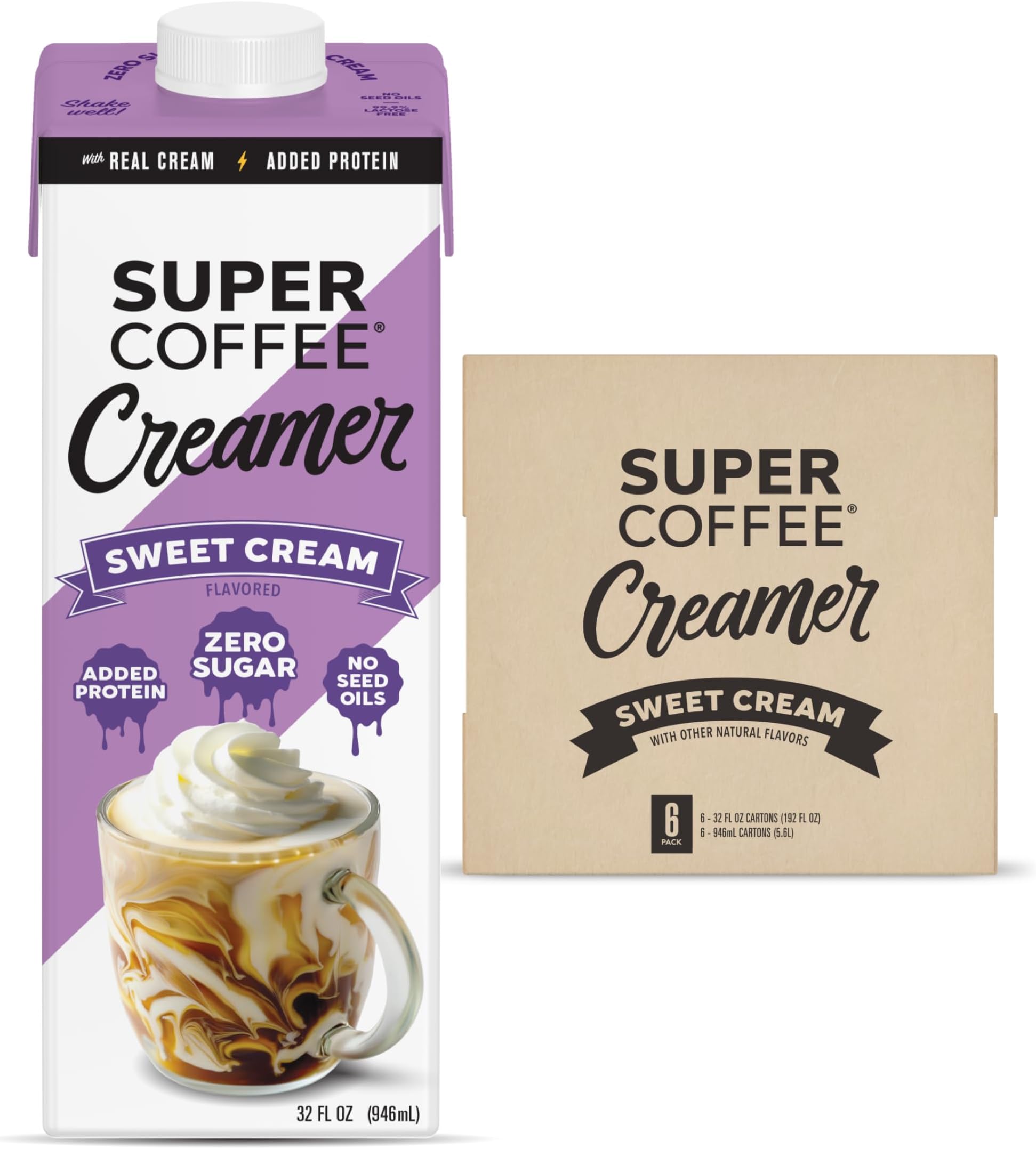 Creamer, SugarFree Creamer (0g Sugar, 1g Protein, 15 Calories) [Sweet Cream] 32 Fl Oz, 6 Pack | Keto Coffee