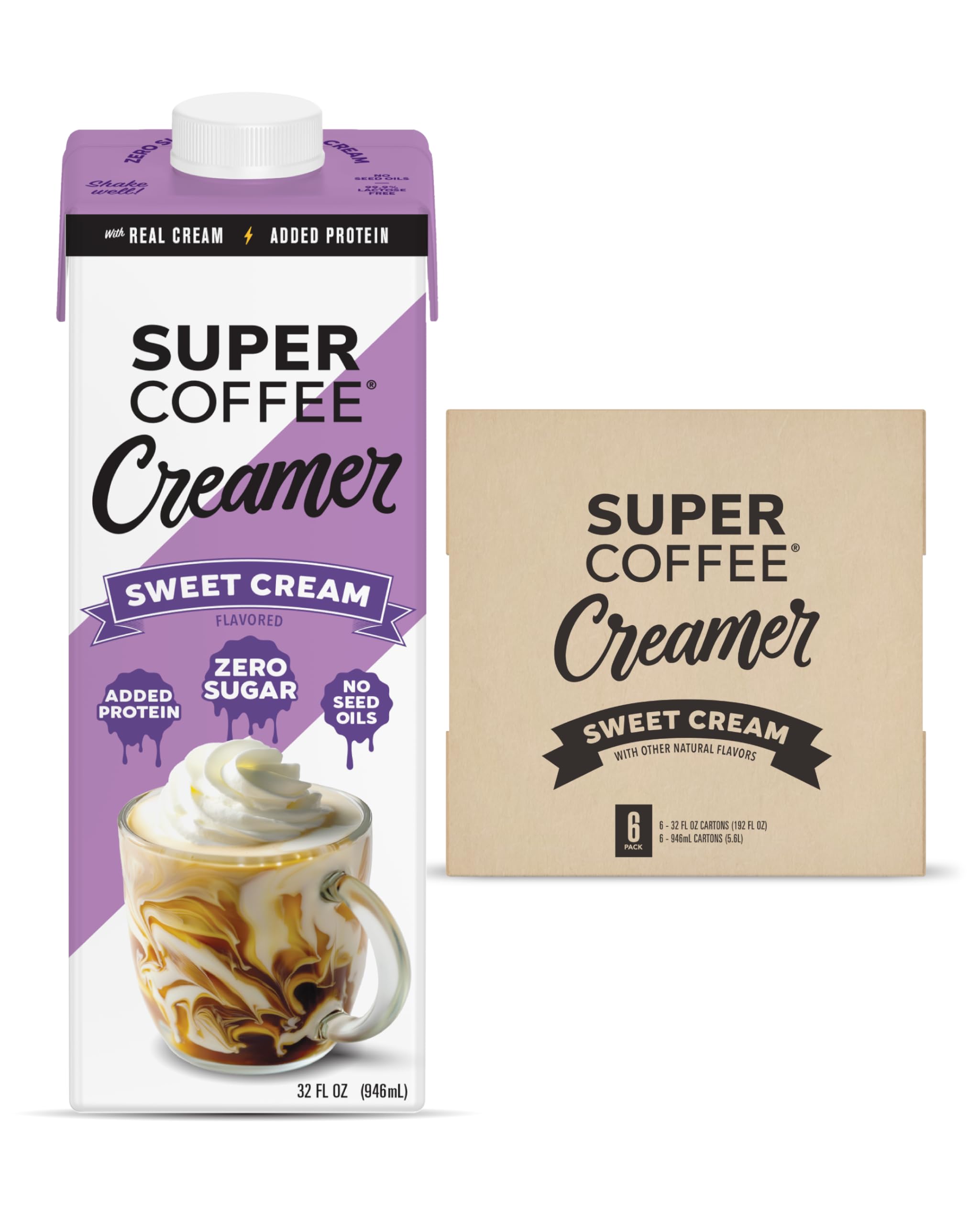 Super Coffee Creamer, SugarFree Creamer (0g Sugar, 1g Protein, 15 Calories) [Sweet Cream] 32 Fl Oz, 6 Pack | Keto Coffee