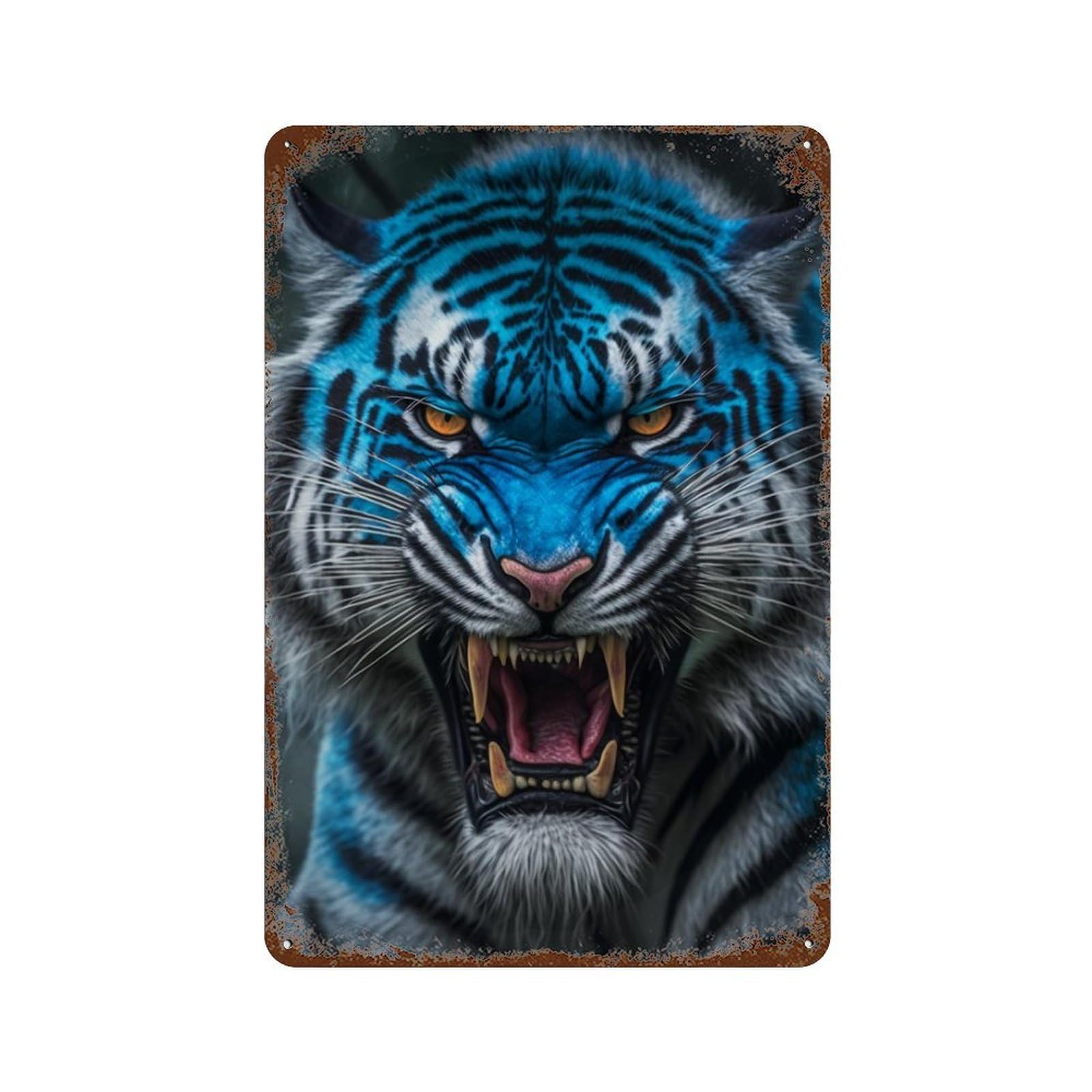 Blue Tiger Roar Rustic Tin Plaque 11.8"x7.9", Vintage Wall Decor for Garage, Pub Or Kitchen