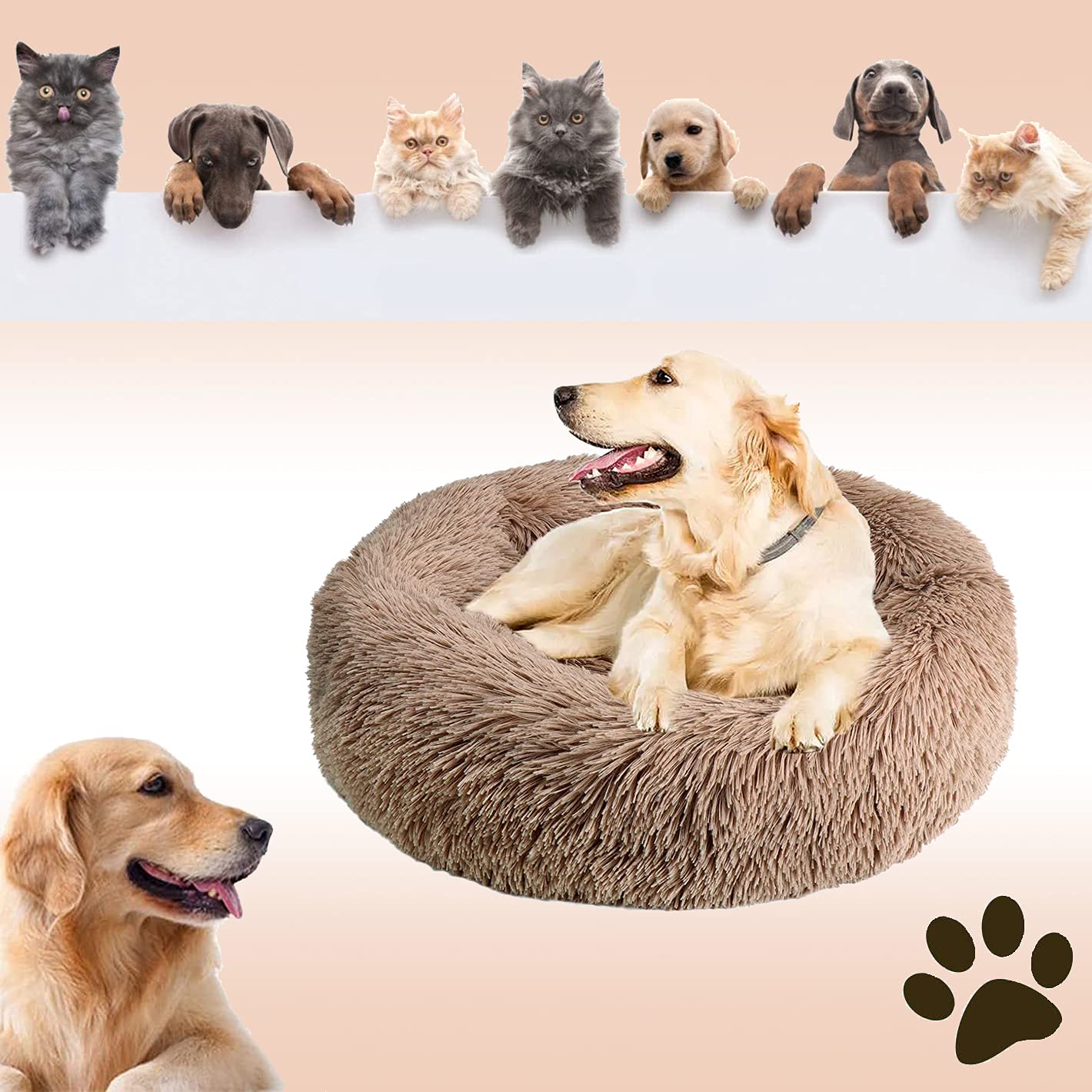 D&DPA Original Round Pet bed Ultra Soft Plush Dog Bed Cat Bed for Small Medium Large Pets Round Warm Donut Cuddler Calming Pet Beds with Anti-slip Bottom Machine Washable (80CM,Brown)