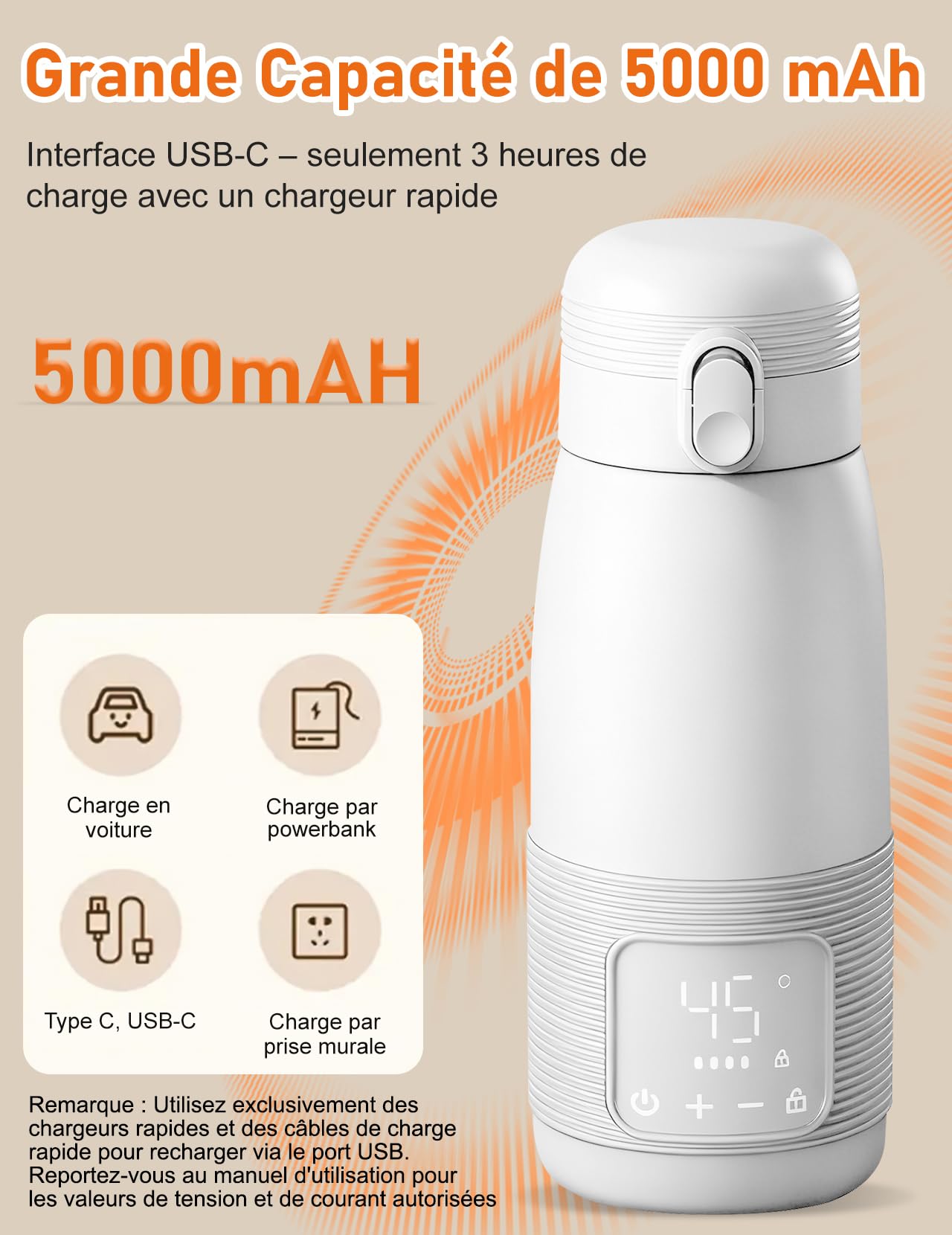 Chauffe-biberon Portable, 500ml Chauffe-biberon Bébé en Déplacement | Contrôle Précis de la Température 37 à 55 Degrés Réglable pour le Voyage Alimentation de Nuit