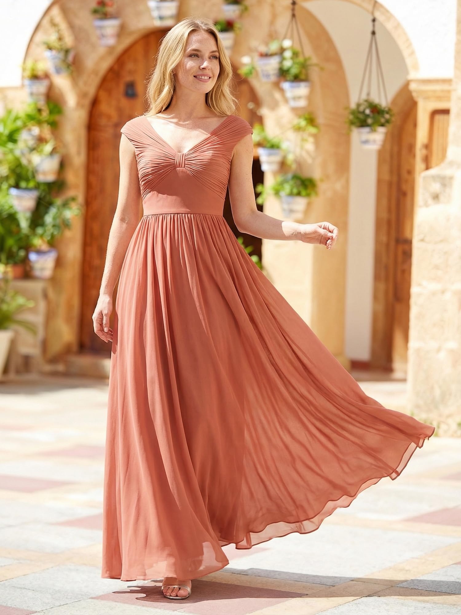 Ever-Pretty Abiti da Damigella Collo a V Senzamaniche Chiffon Maxi Gonna Svasata ES02695