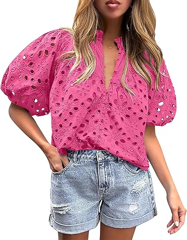 BETTE BOUTIK Women's Long Short Sleeve Tops 2025 Dressy Casual Button Hollow Out Lace Embroidered Blouses Shirts