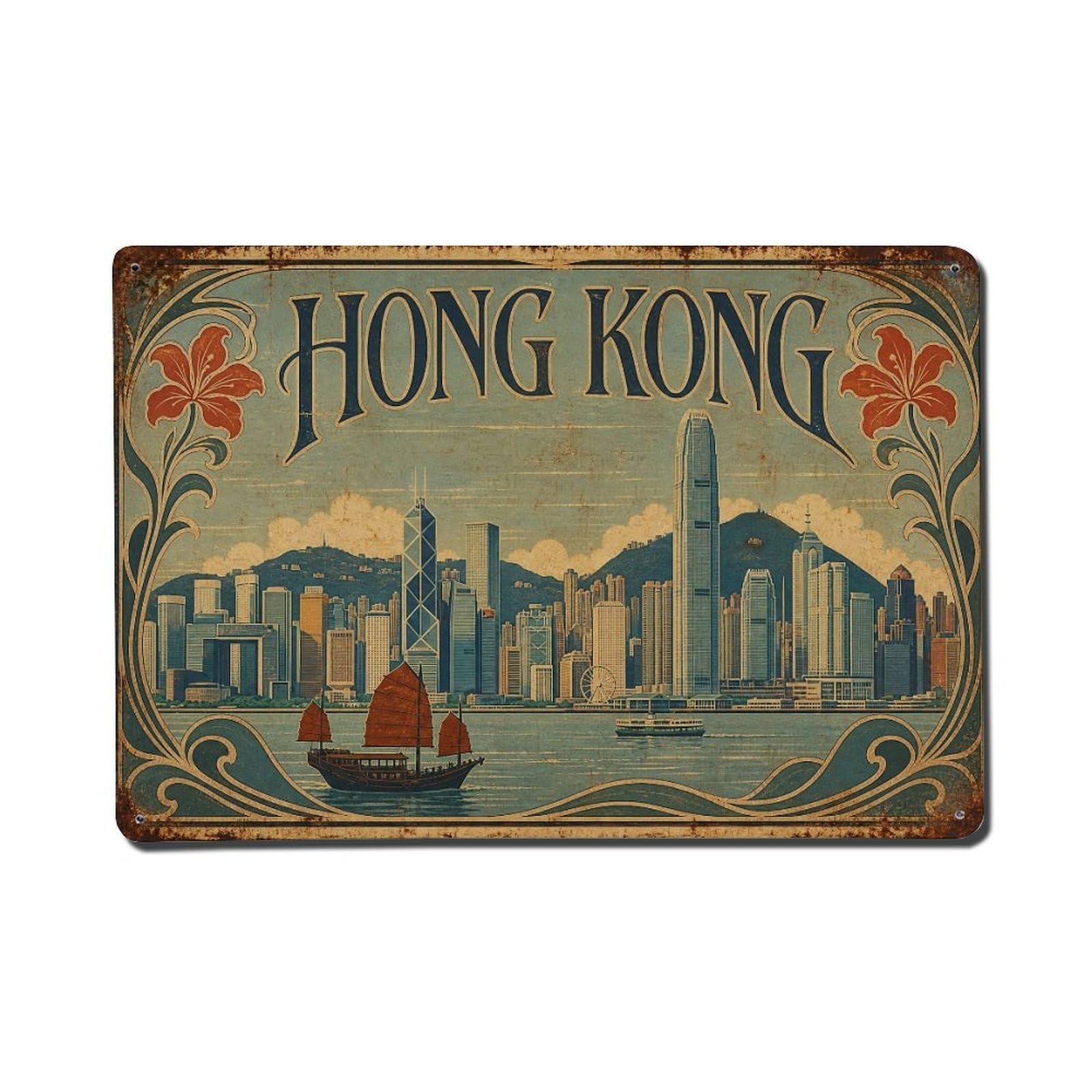 Metal Tin Sign Vintage Travel Hong Kong Skyline