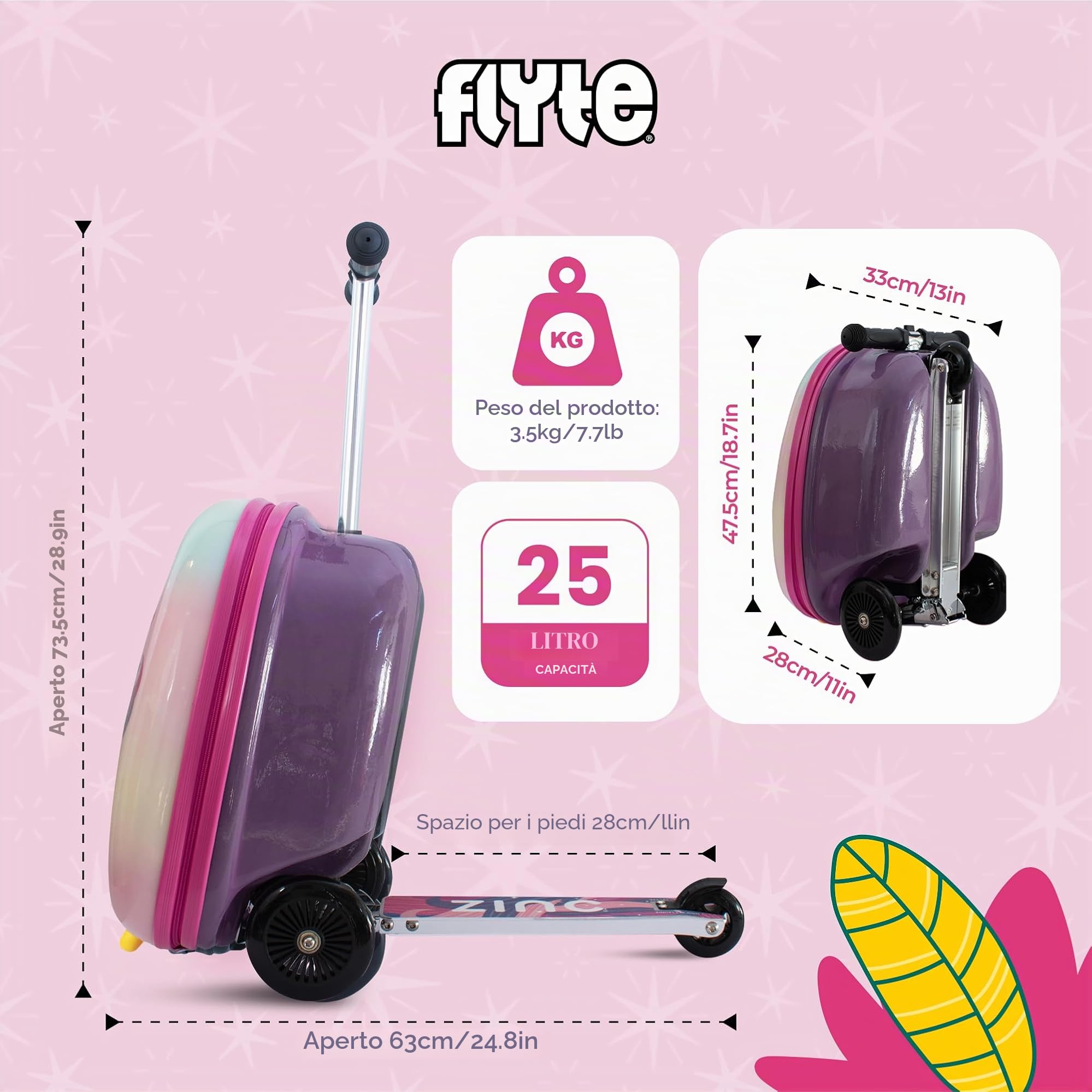 Flyte, valigia pieghevole monopattino per bambini, rigida, con ruote, 2 in 1, 18 pollici (45,7 cm), capacità 25 litri, Luna l'Unicorno