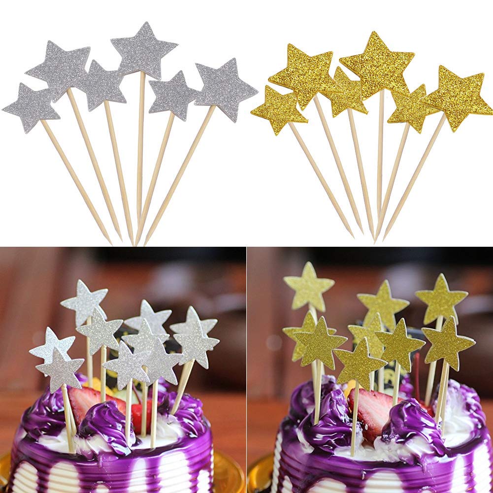 Dusenly Glitter Letters Happy Birthday Cake Topper Decoraties, Gouden Getallen Verjaardag Gelukkige Cake Topper en Glitter Goud Zilver Ster Cake Cupcake Topper (Pack van 41) 18-80e (21ste Ster